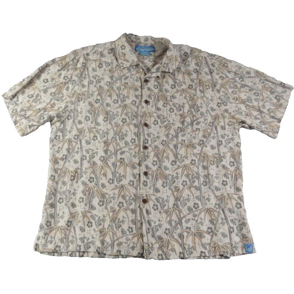 Bermuda Bay 100% Silk Shirt Men XL Beige Bamboo Print Short Sleeve Button Casual
